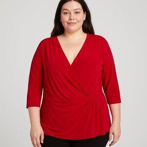 Lane Bryant Red Faux Wrap Top Plus Size 22/24 3/4 Sleeve Draped V-Neck Stretch